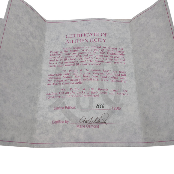 Marie Osmond St. Paddy & His Bonnie Lass Dolls W/ COA Porcelain Collectible Doll - Picture 7 of 9